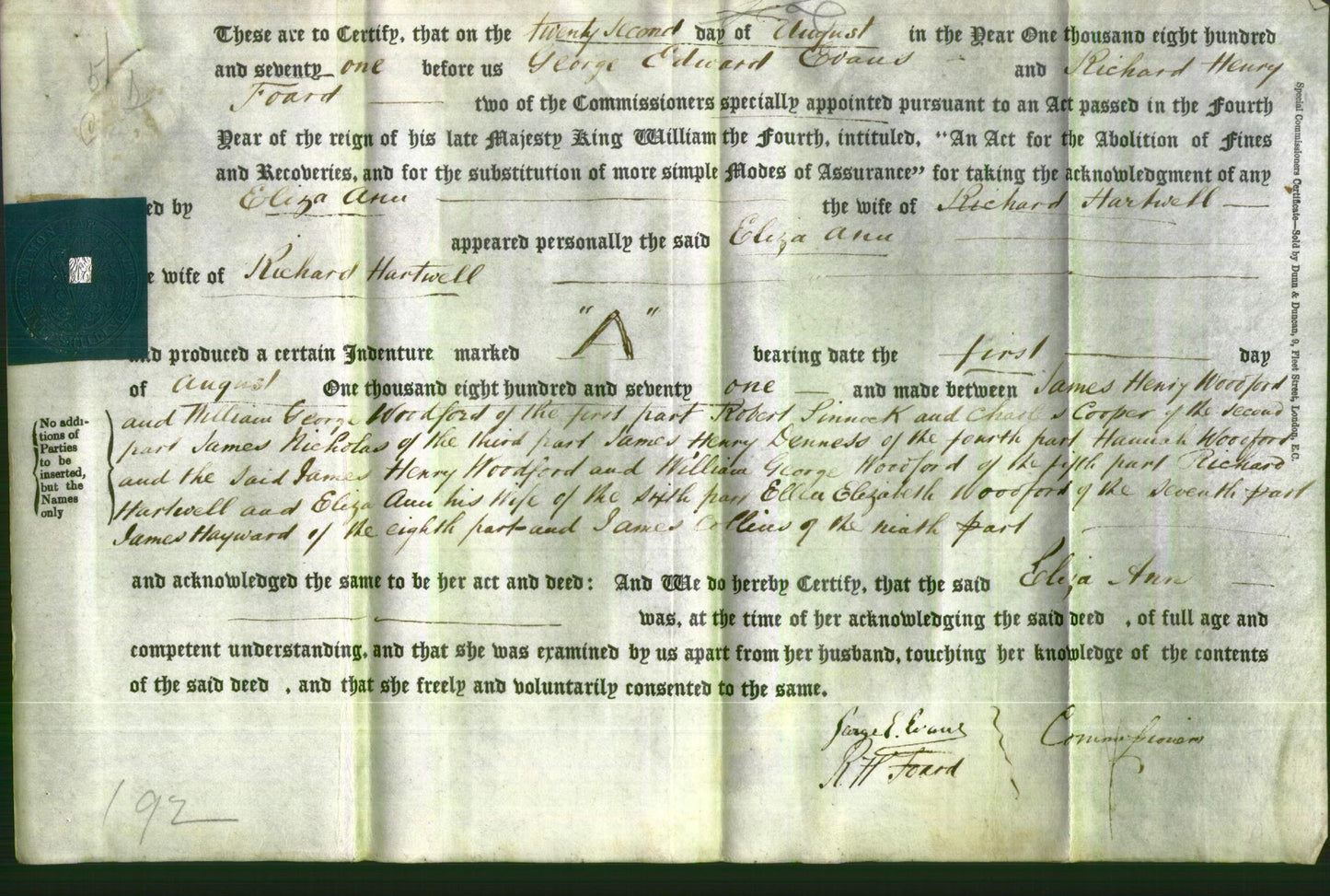Deed by Married Women - Eliza Ann Hartwell
