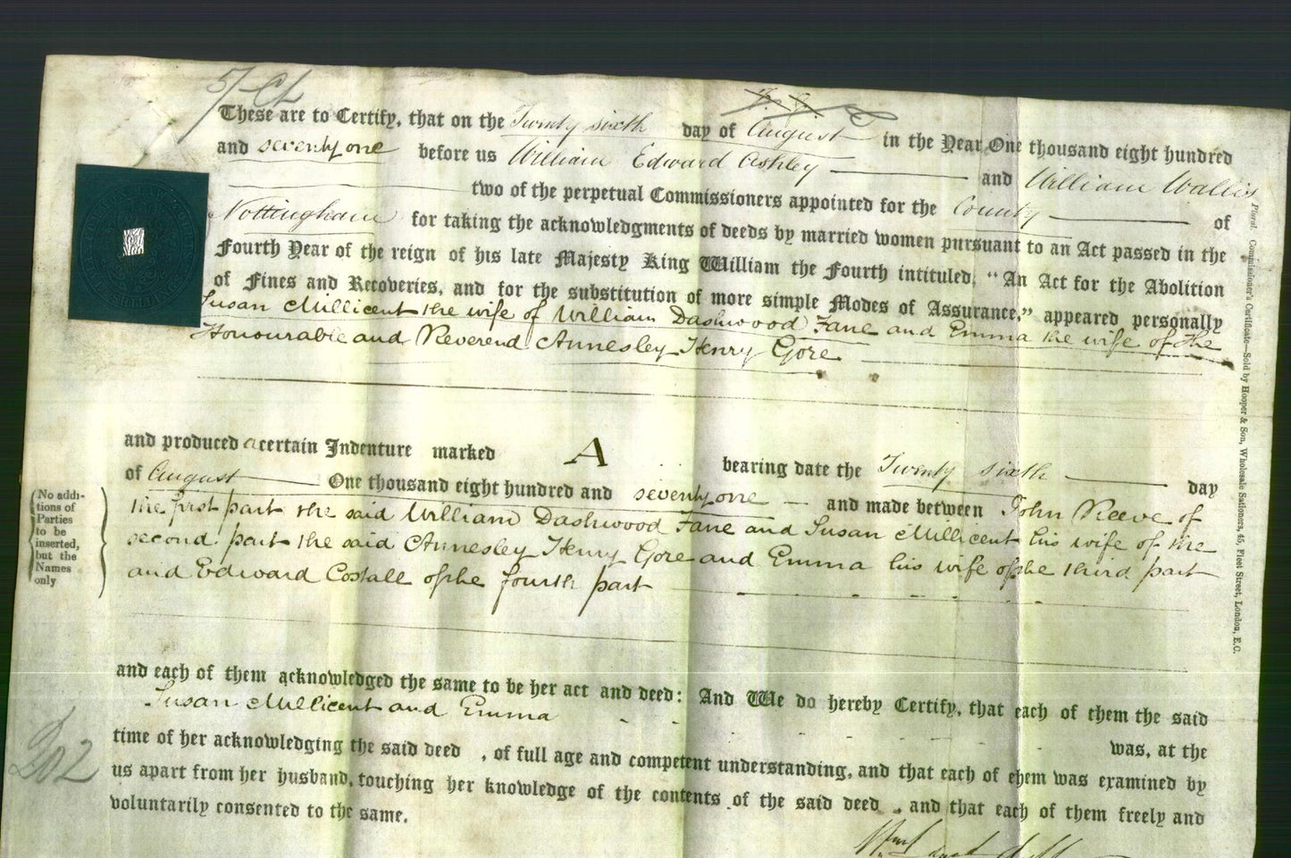 Deed by Married Women - Susan Millicent Fane and Emma Gore