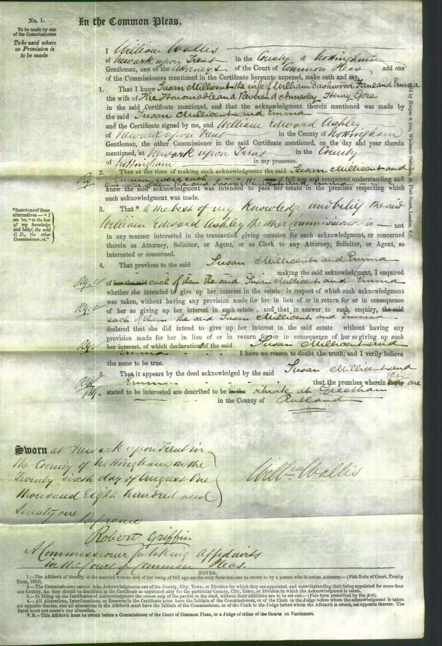 Court of Common Pleas - Susan Millicent Fane and Emma Gore