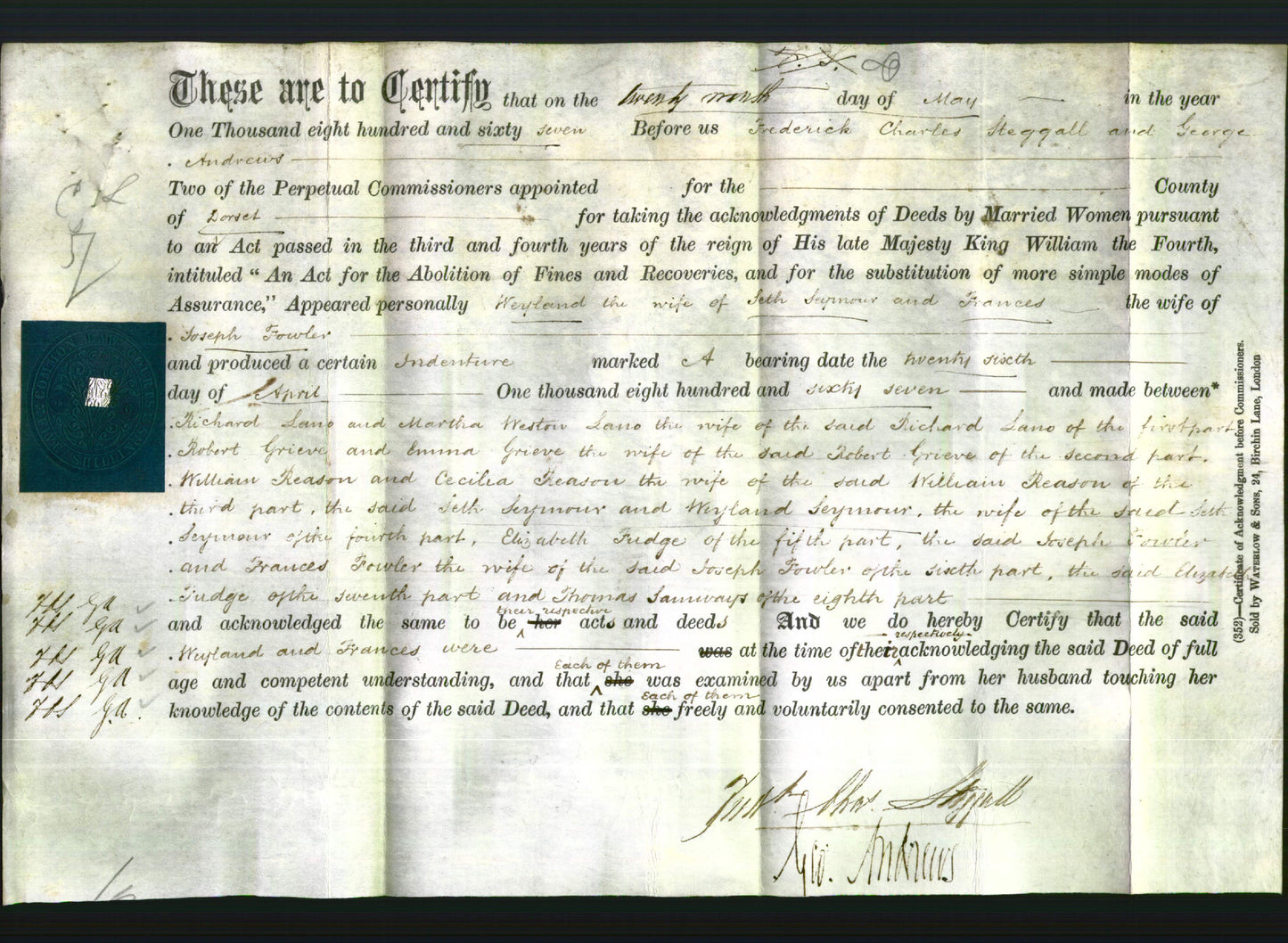 Deed by Married Women - Weyland Seymour and Frances Fowler-Original Ancestry