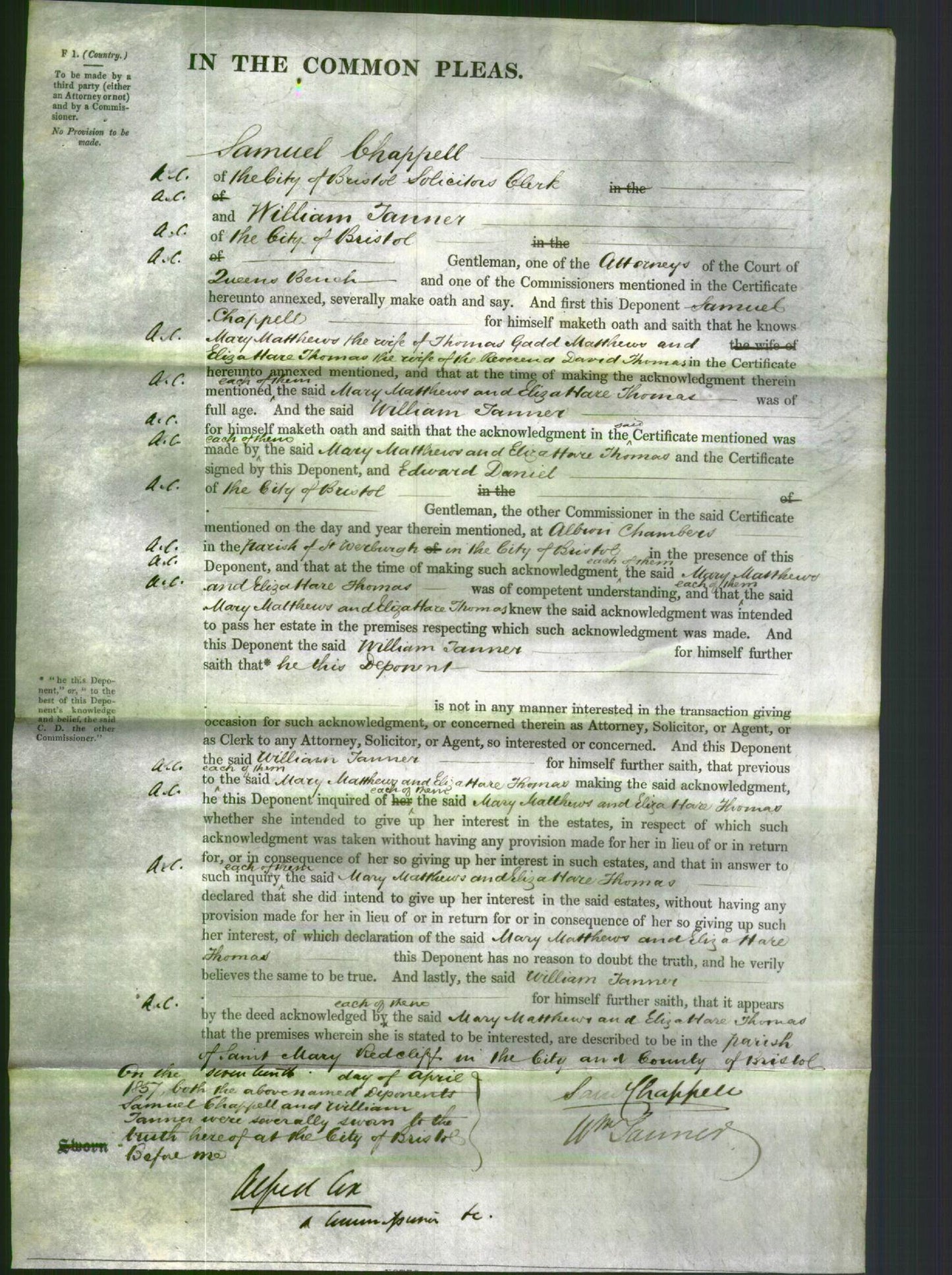 Court of Common Pleas - Mary Matthews and Eliza Hare Thomas