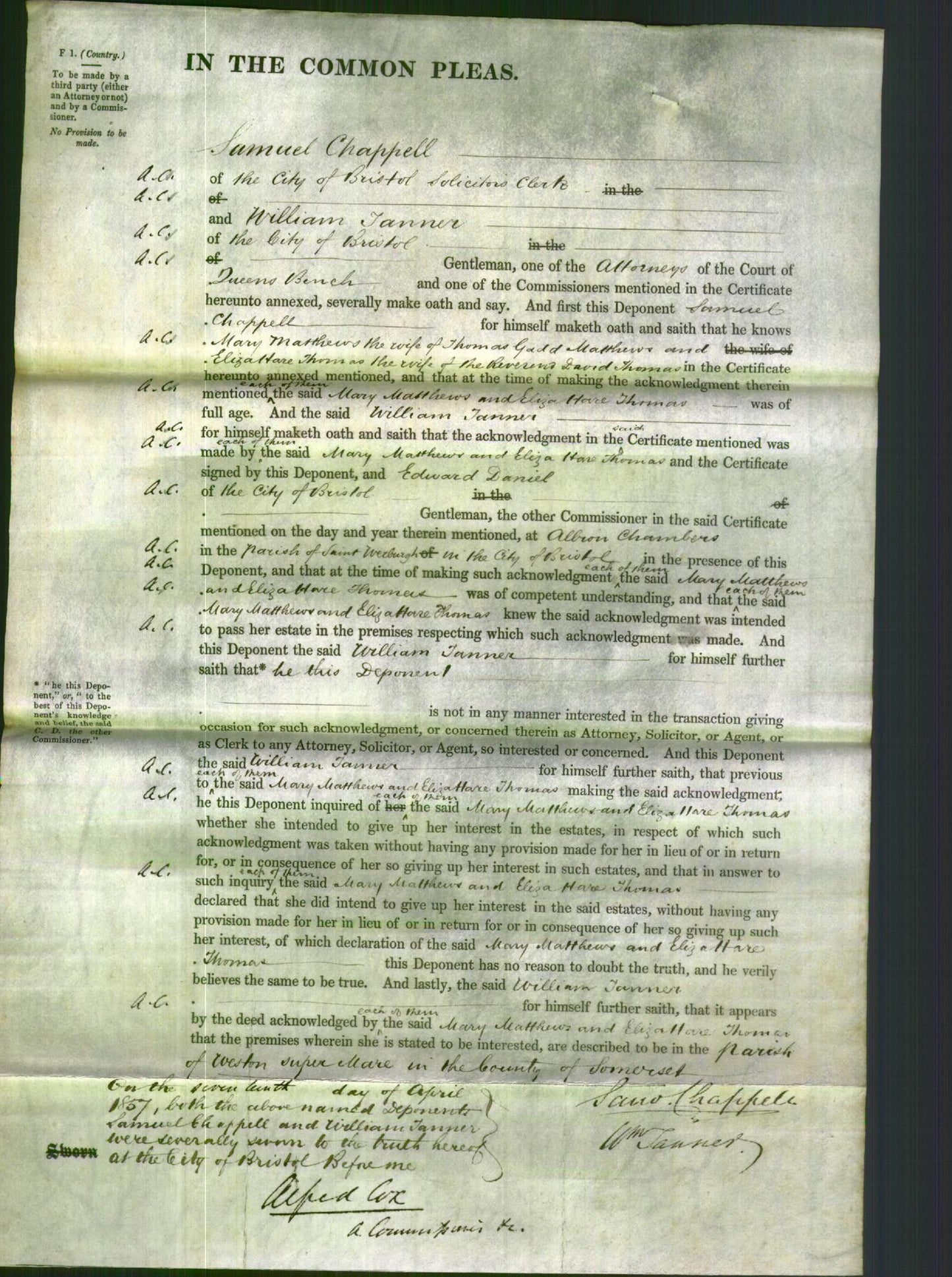 Court of Common Pleas - Mary Matthews and Eliza Hare Thomas