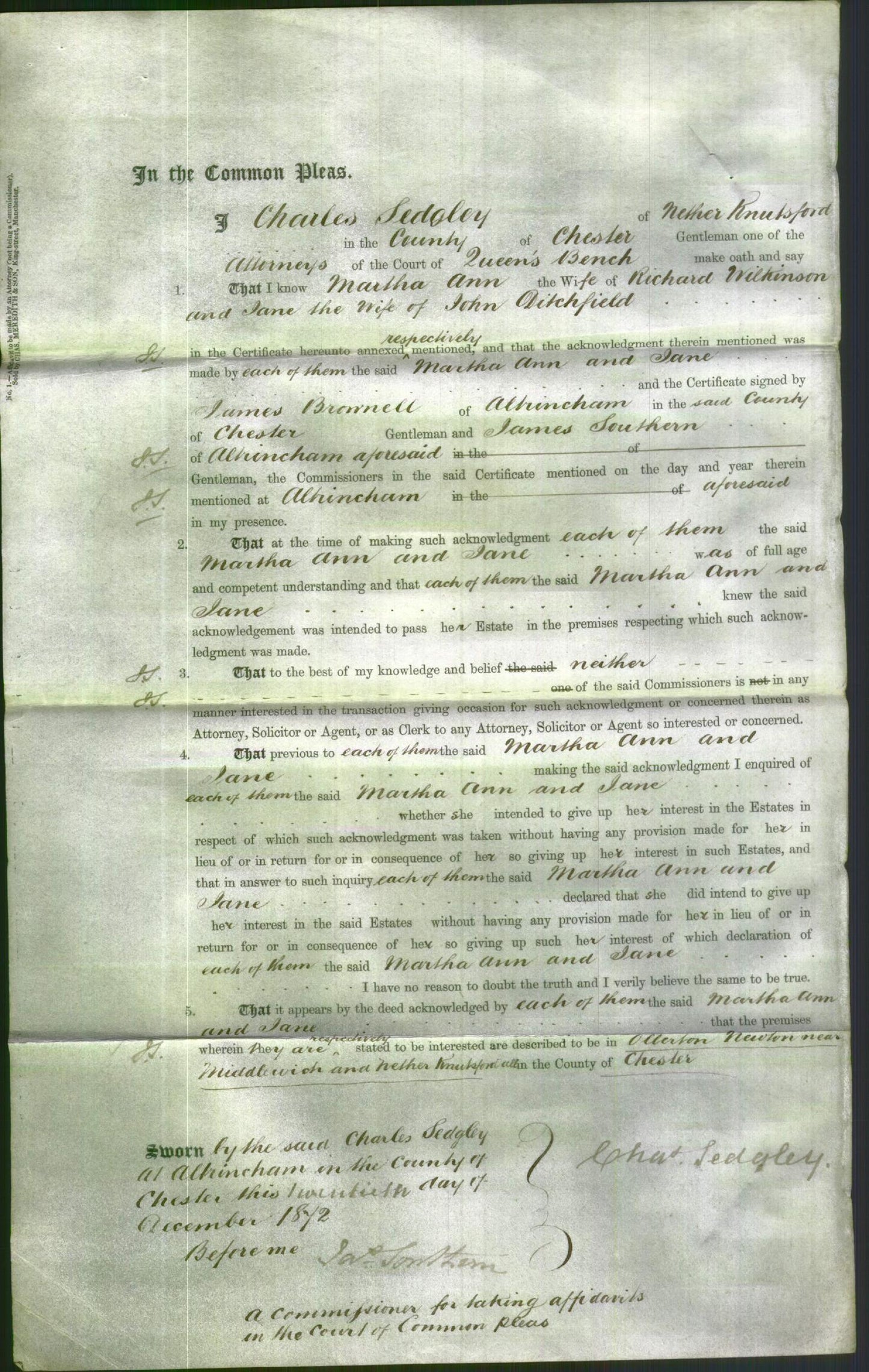 Court of Common Pleas - Martha Ann Wilkinson and Jane Ditchfield