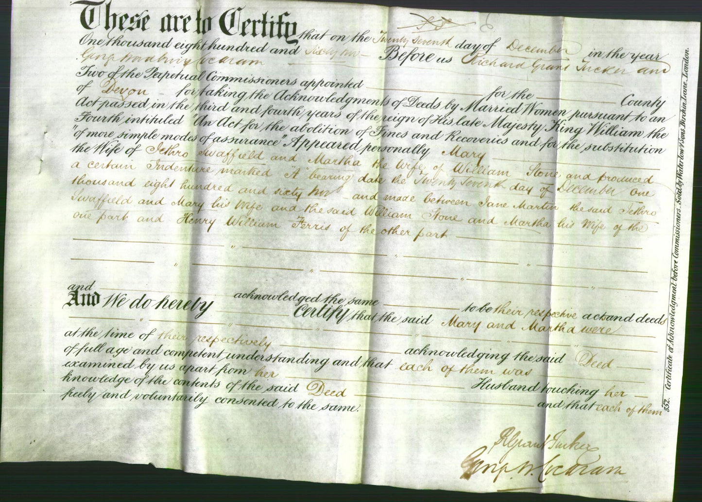 Deed by Married Women - Mary Swaffield and Martha Stone