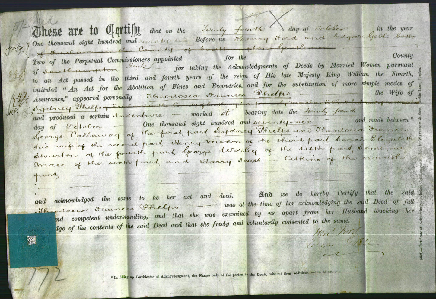 Deed by Married Women - Theodosia Frances Phelps-Original Ancestry