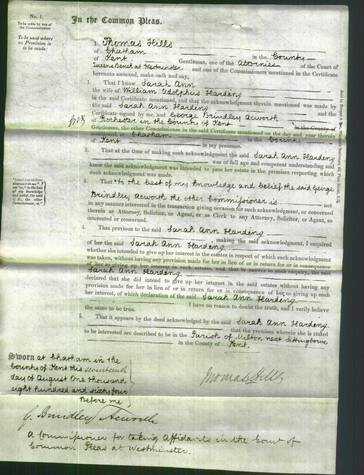 Court of Common Pleas - Sarah Ann Harding