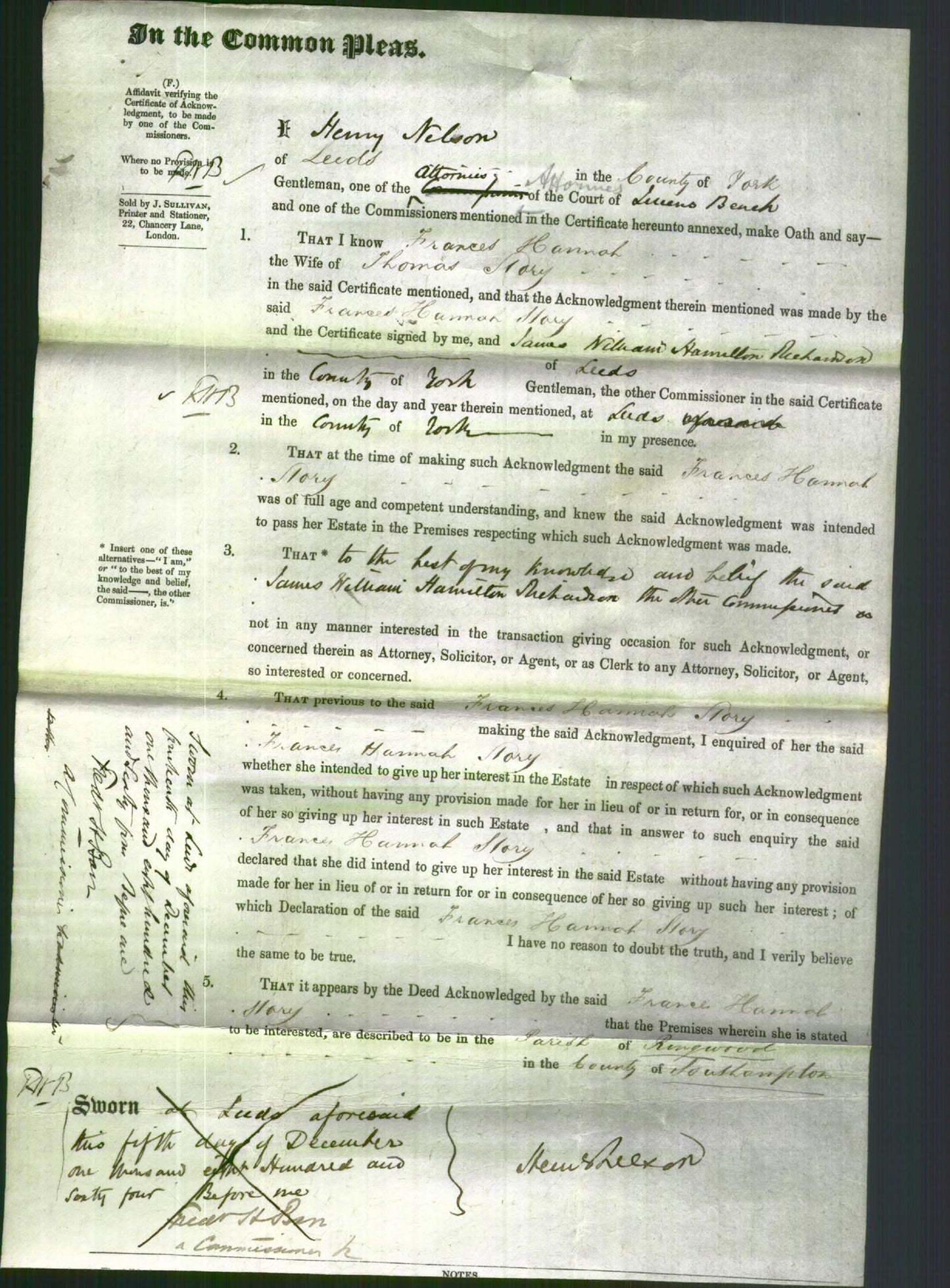 Court of Common Pleas - Frances Hannah Story