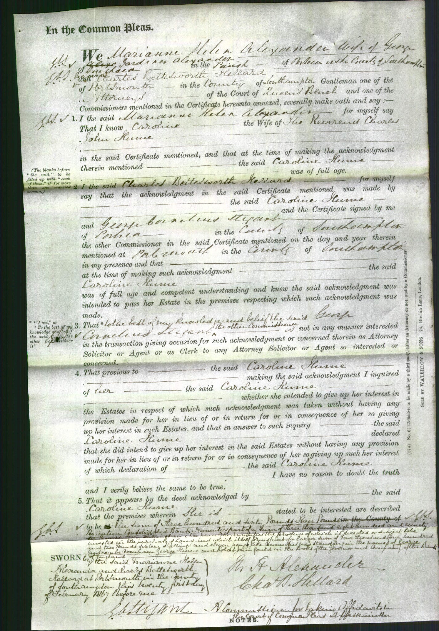 Court of Common Pleas - Caroline Hume-Original Ancestry