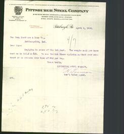 Letterhead - Pittsburgh Steel Company