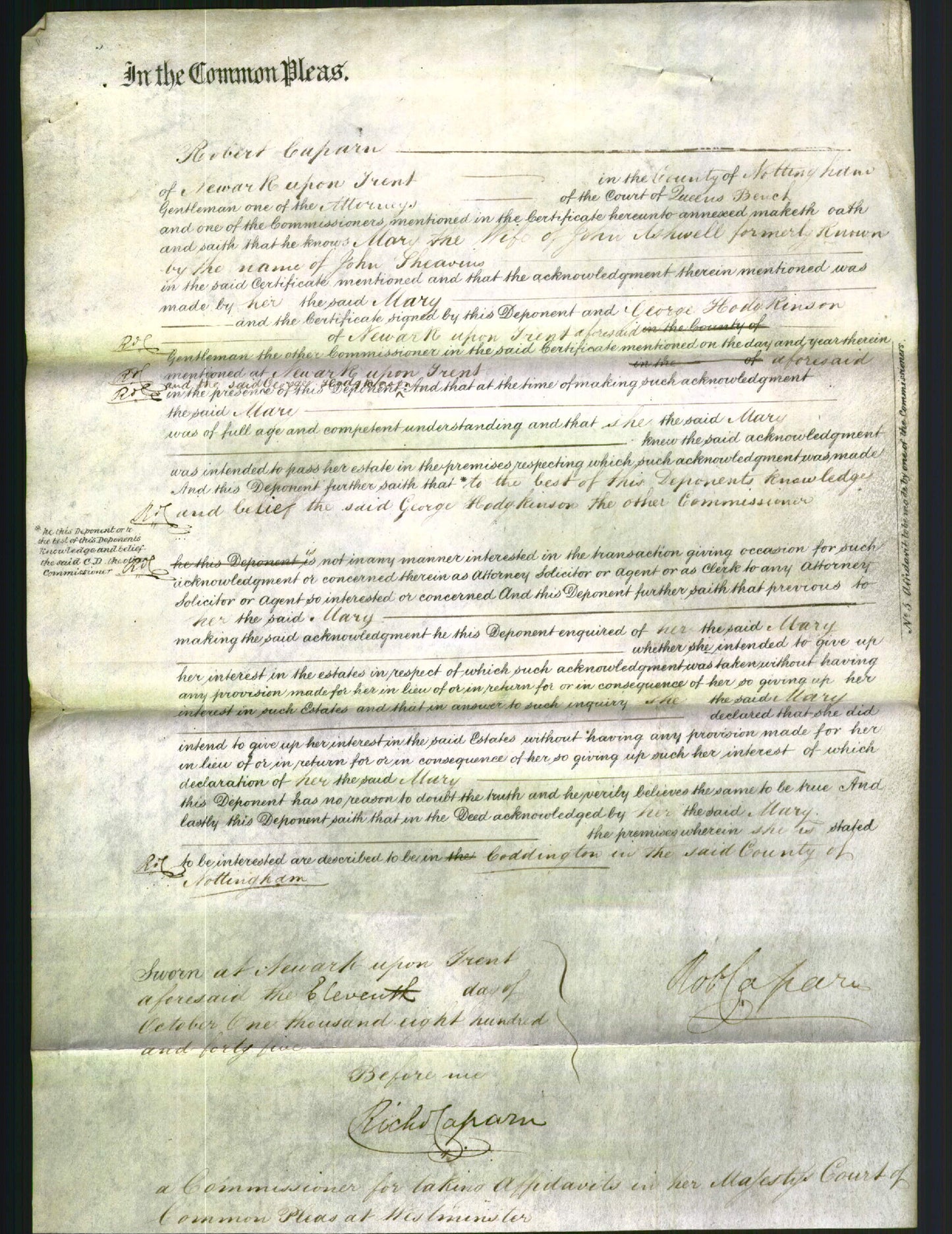 Court of Common Pleas- Mary Ashwell-Original Ancestry