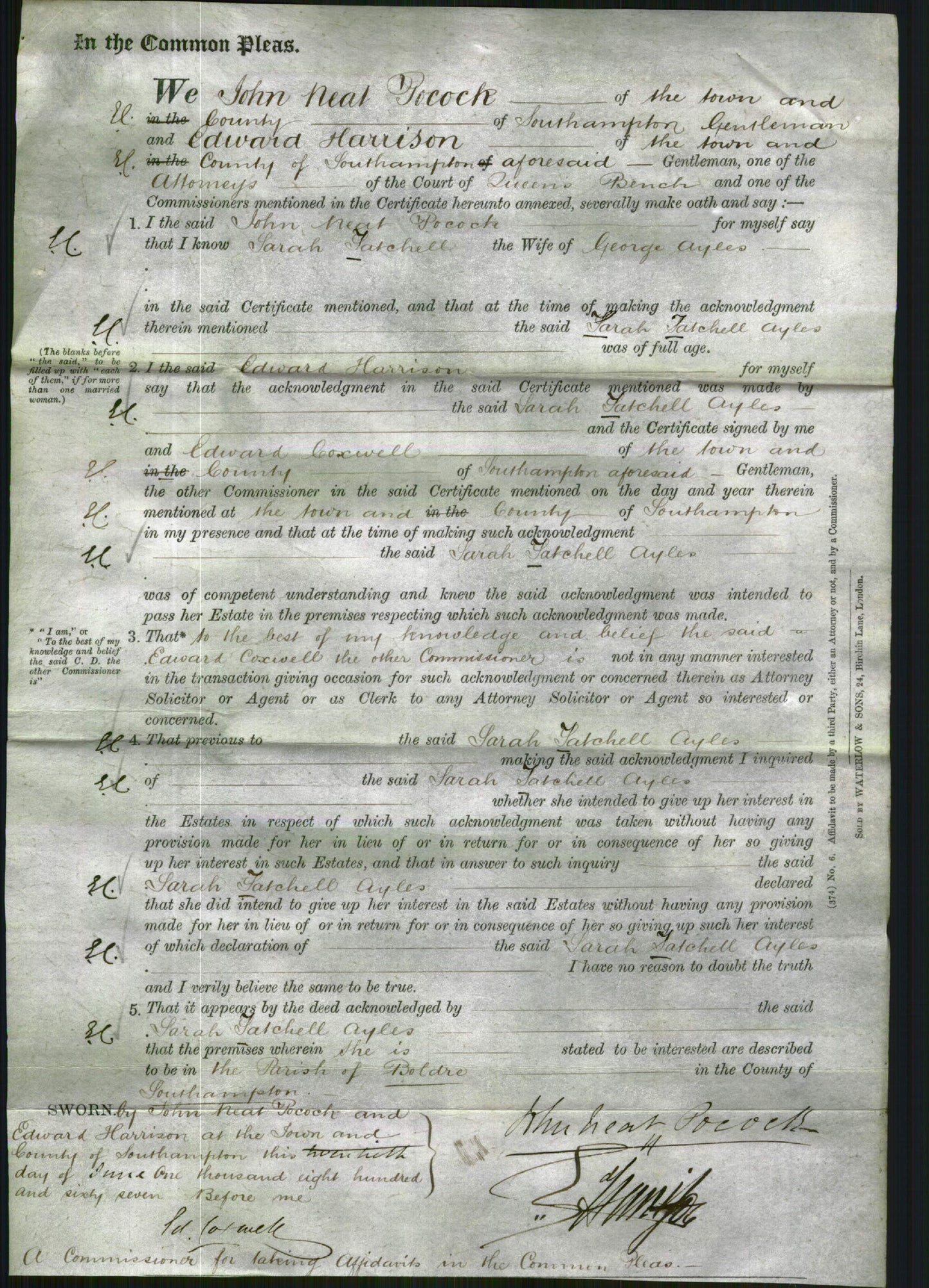 Court of Common Pleas - Sarah Tatchell Ayles-Original Ancestry