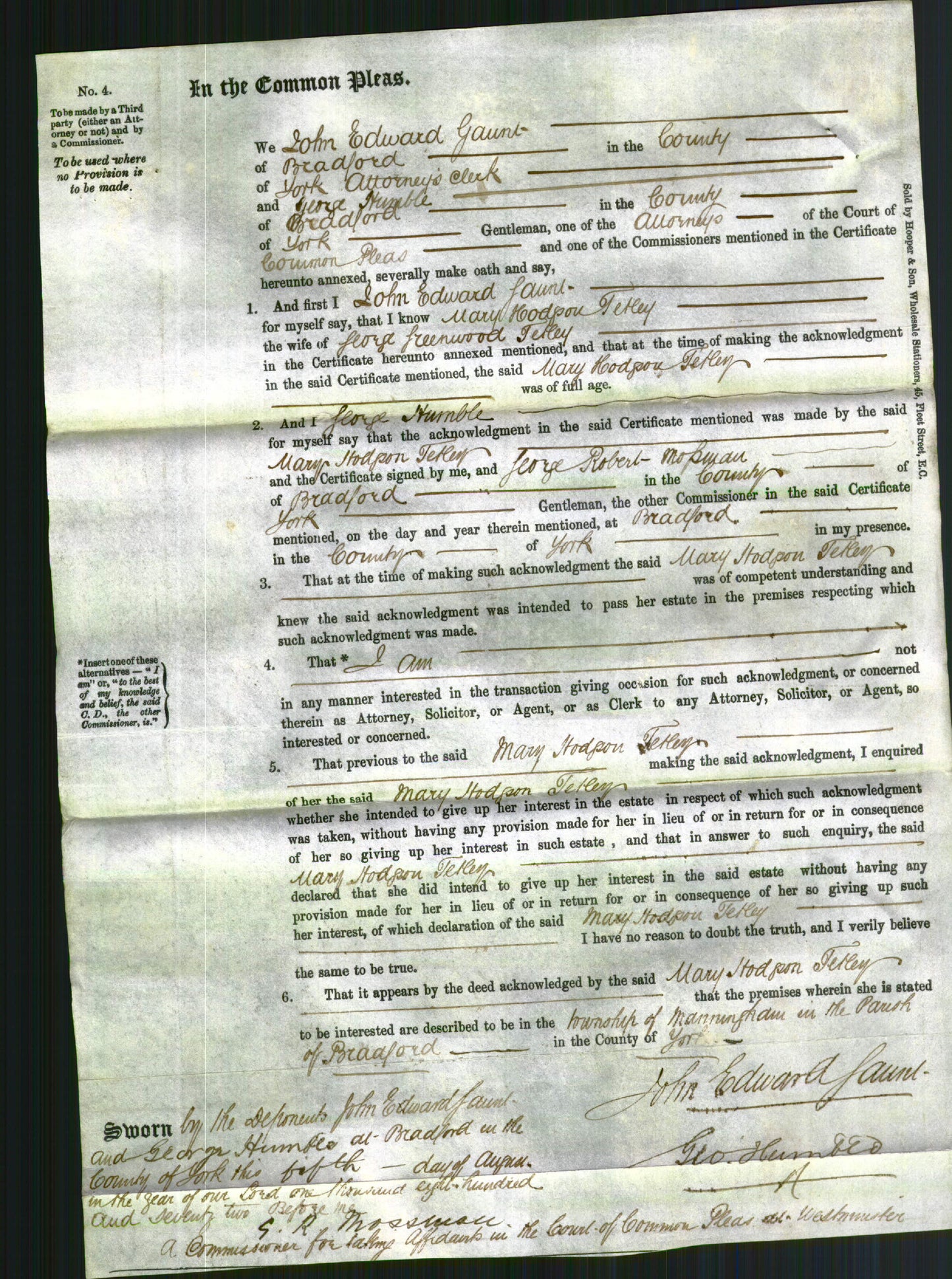 Court of Common Pleas - Mary Hodgson Tekey-Original Ancestry