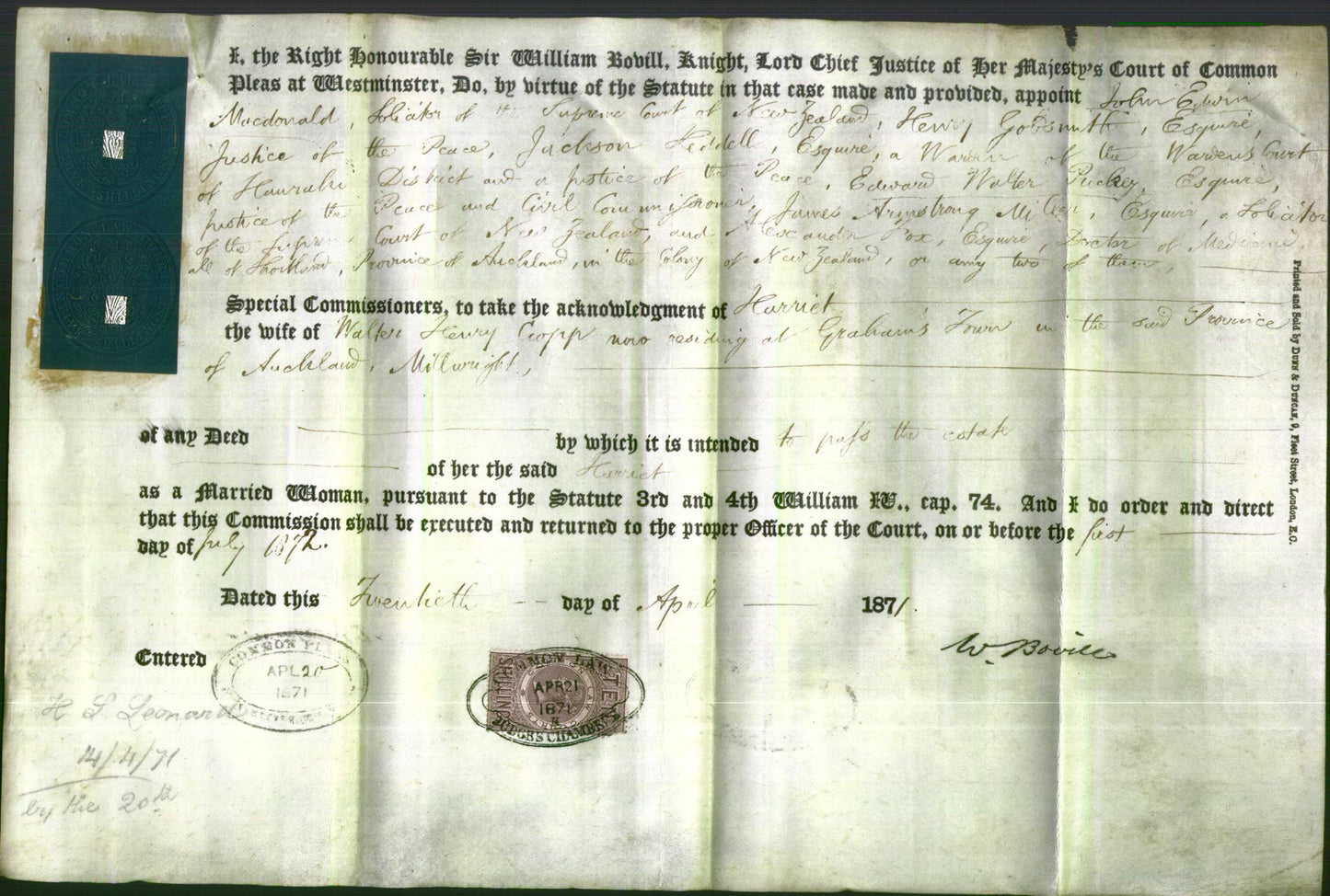 Appointment of Special Commissioners - John Edwin MacDonald, Henry Goldsmith, Jackson Riddell, Edward Walter Puckey, James Armstrong Miller and Alexander Fox