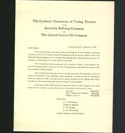 Letterhead - The Creditors' Committee of Voting Trustees of the Kentucky Refining Company and The Central Cotton Oil Company