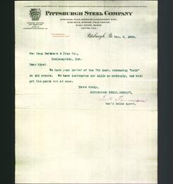 Letterhead - Pittsburgh Steel Company
