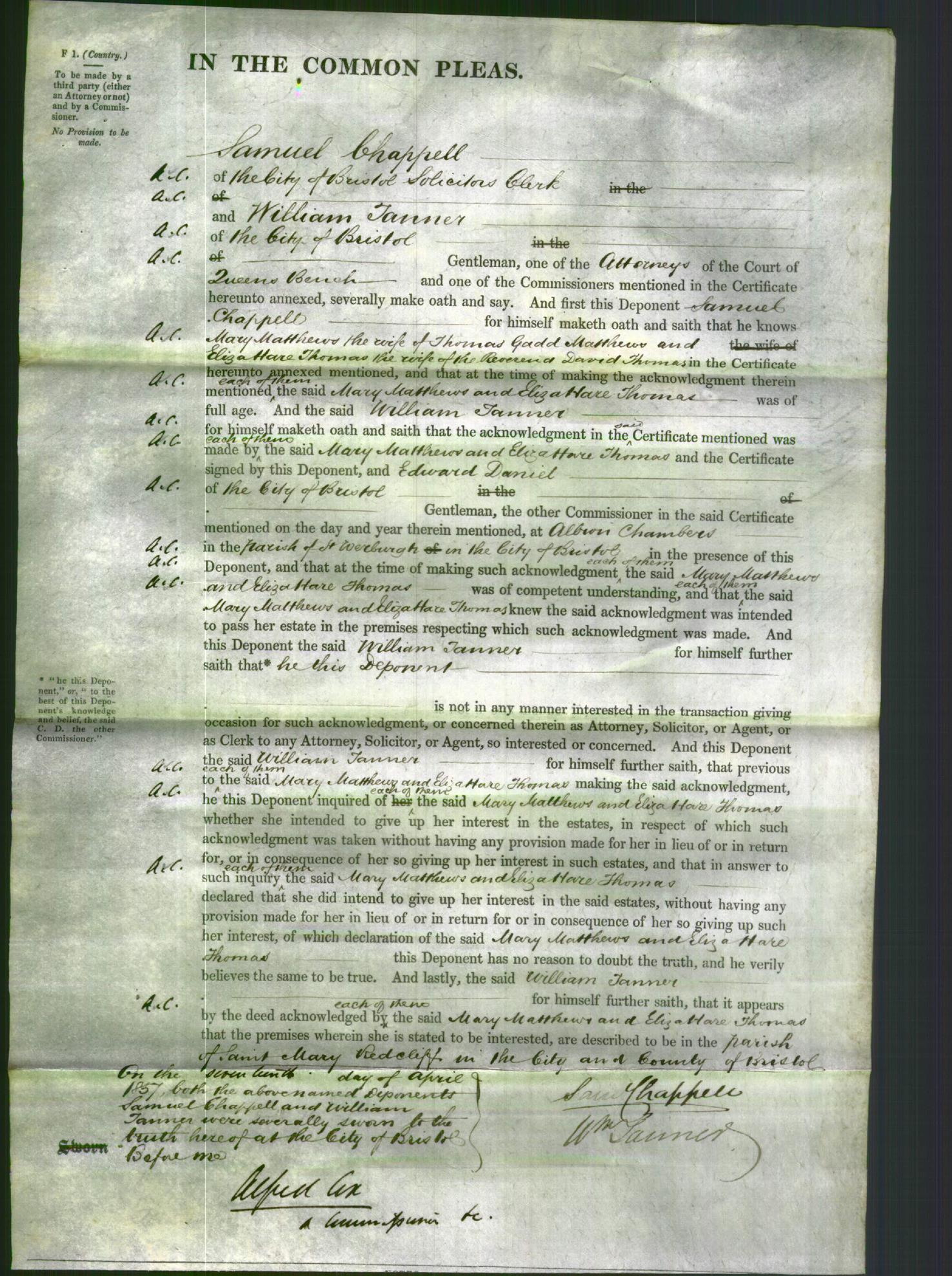 Court of Common Pleas - Mary Matthews and Eliza Hare Thomas – Original ...