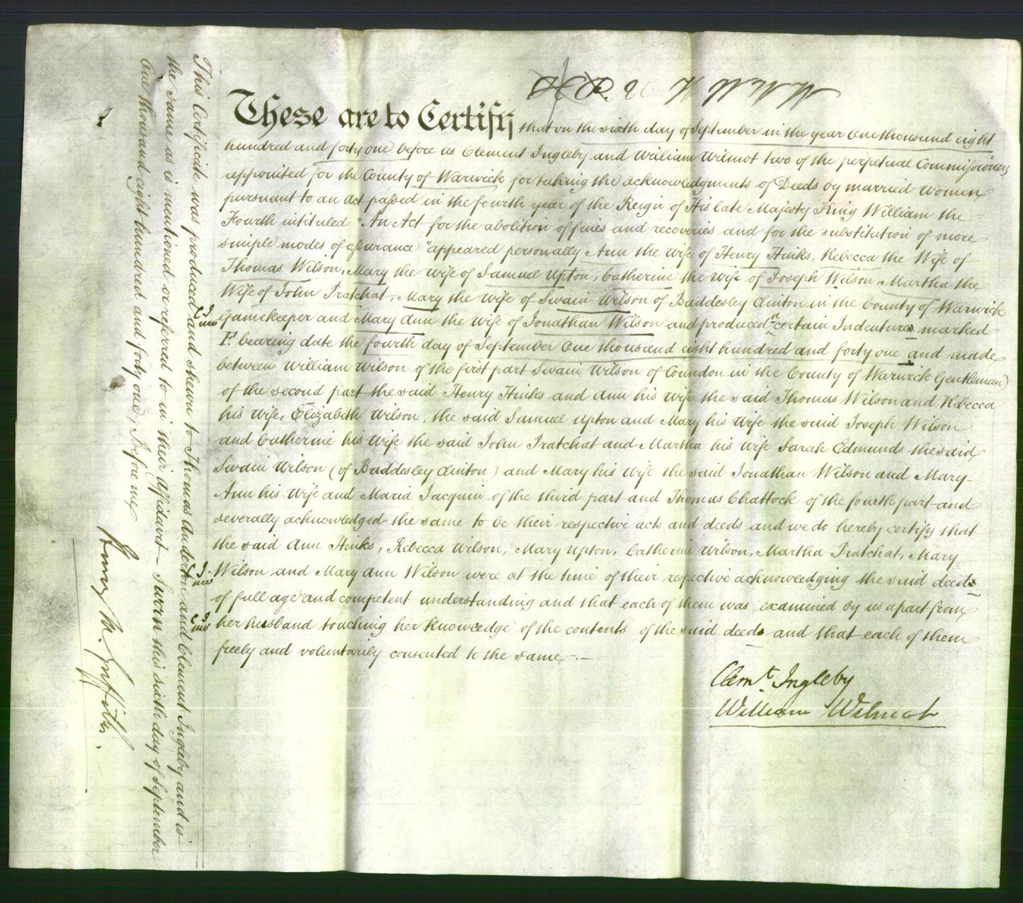 Deed by Married Women - Ann Hinks, Rebecca WIlson, Mary Upton, Catherine Wilson, Martha Pratchat, Mary Wilson and Mary Ann Wilson