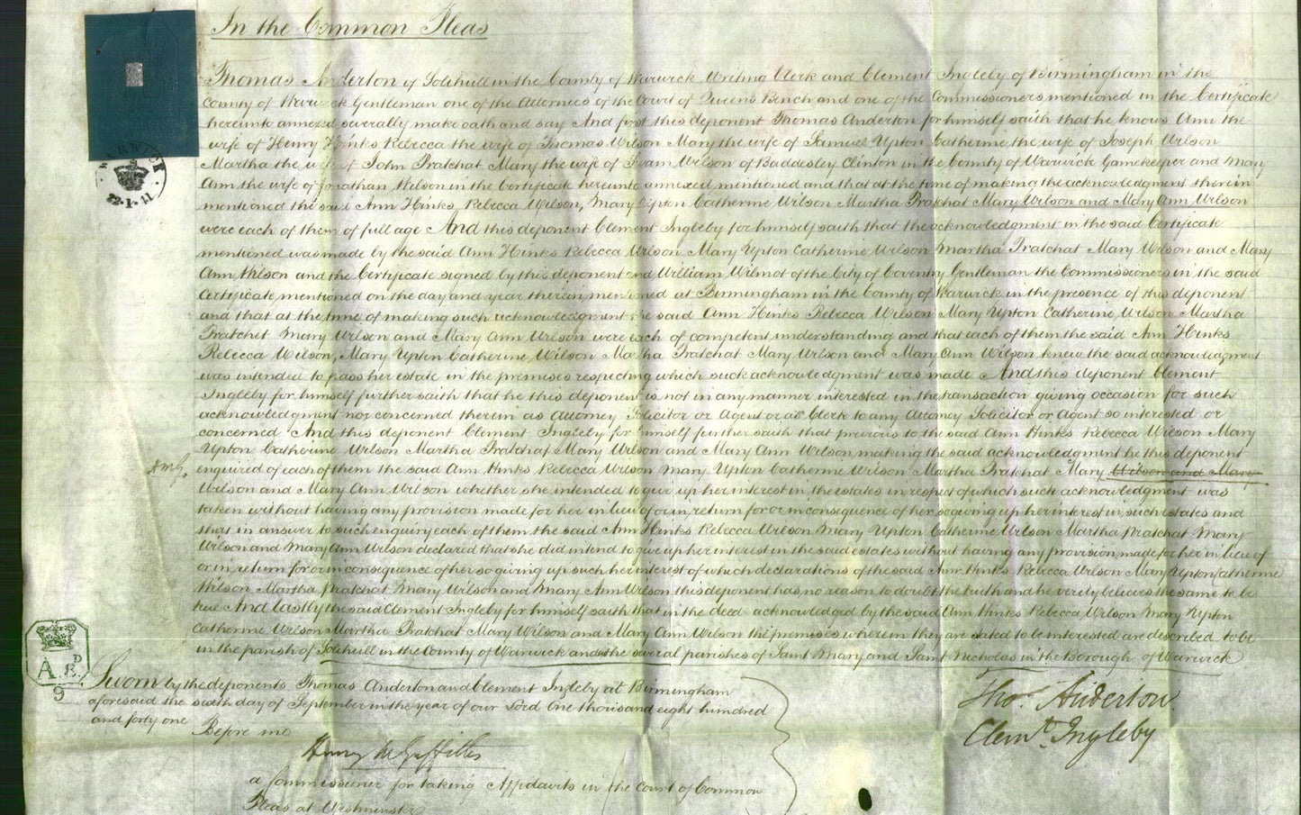 Court of Common Pleas - Ann Hinks, Rebecca Wilson, Mary Upton, Catherine WIlson, Martha Pratchat, Mary Wilson and Mary Ann Wilson