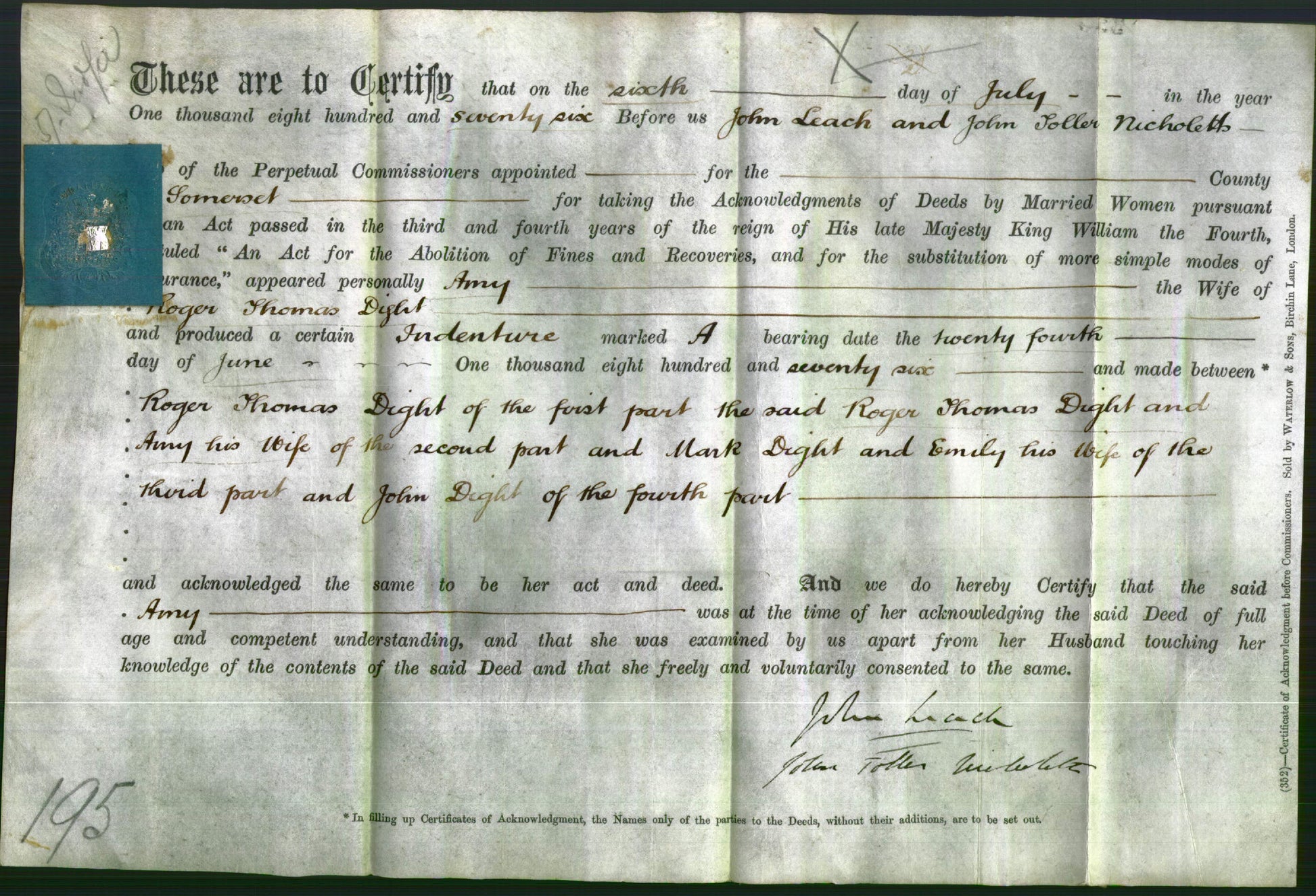 Deed by Married Women - Amy Dight-Original Ancestry