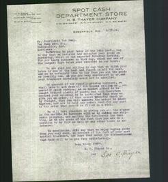 Letterhead - Spot Cash Department Store, H.B. Thayer Company.