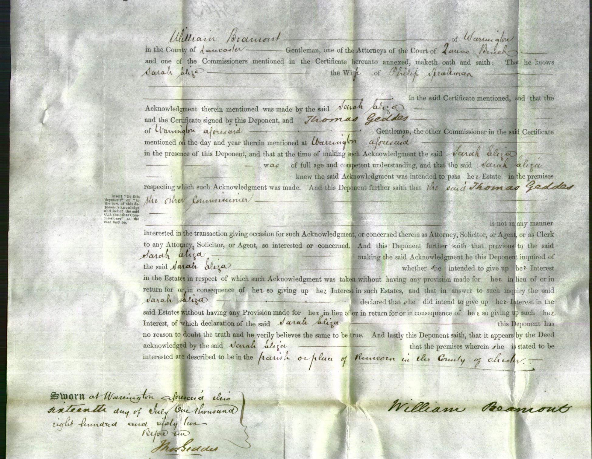 Court of Common Pleas - Sarah Eliza Speakman-Original Ancestry