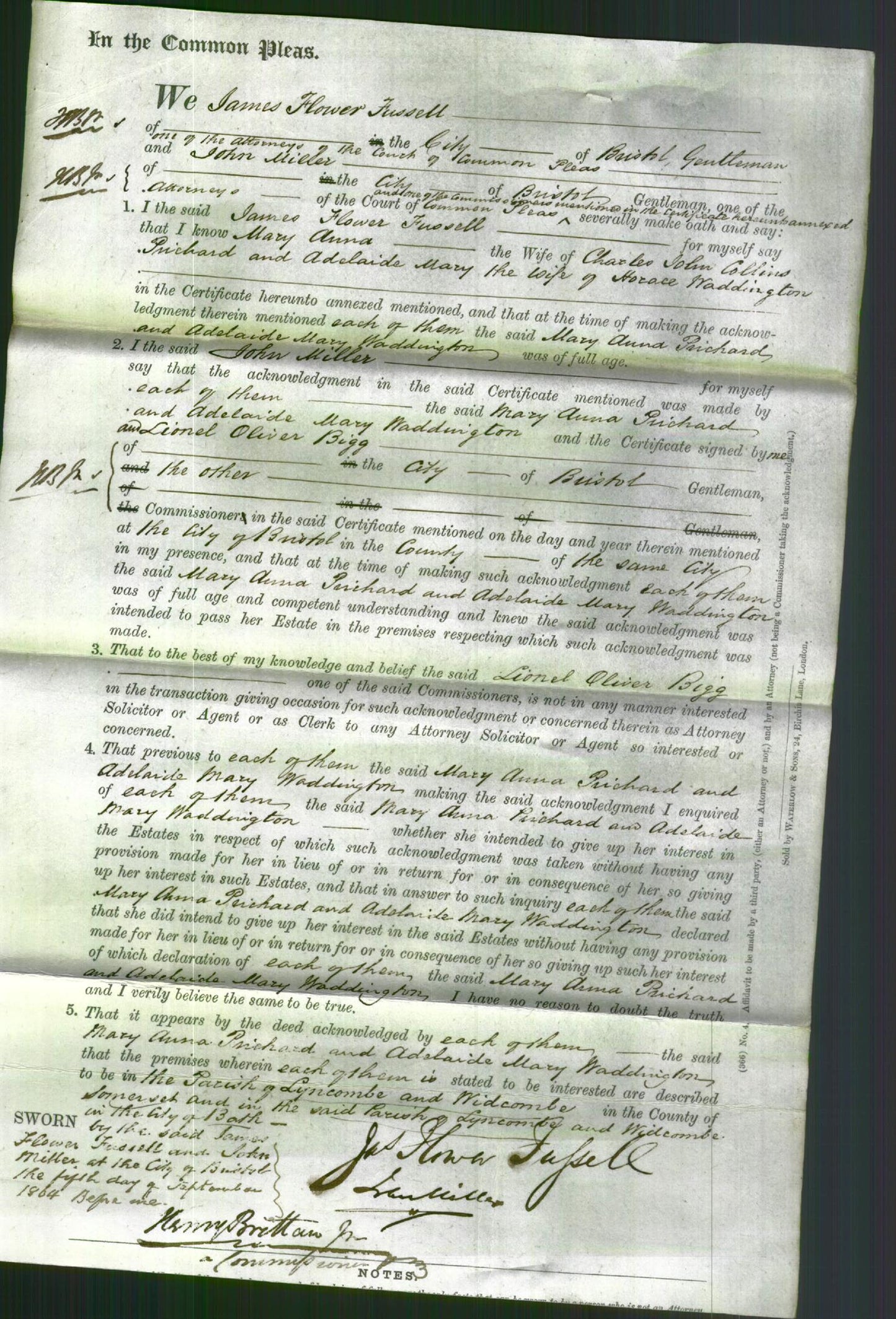 Court of Common Pleas - Mary Ann Richard and Adelaide Mary Waddington