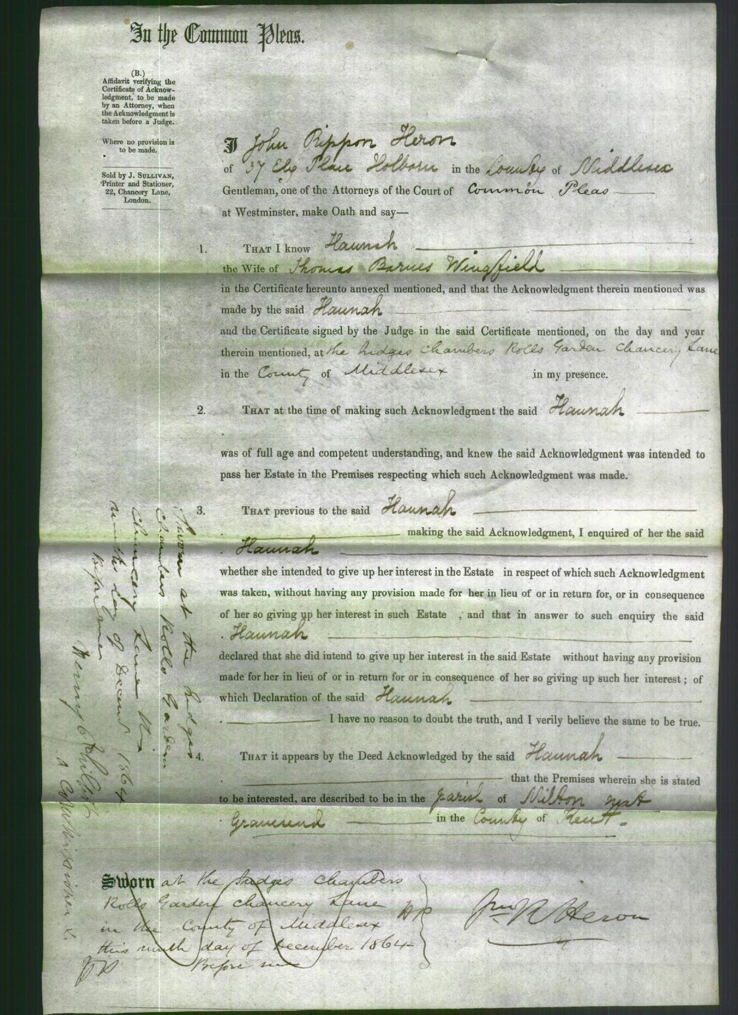 Court of Common Pleas - Hannah Bodwell Wingfield