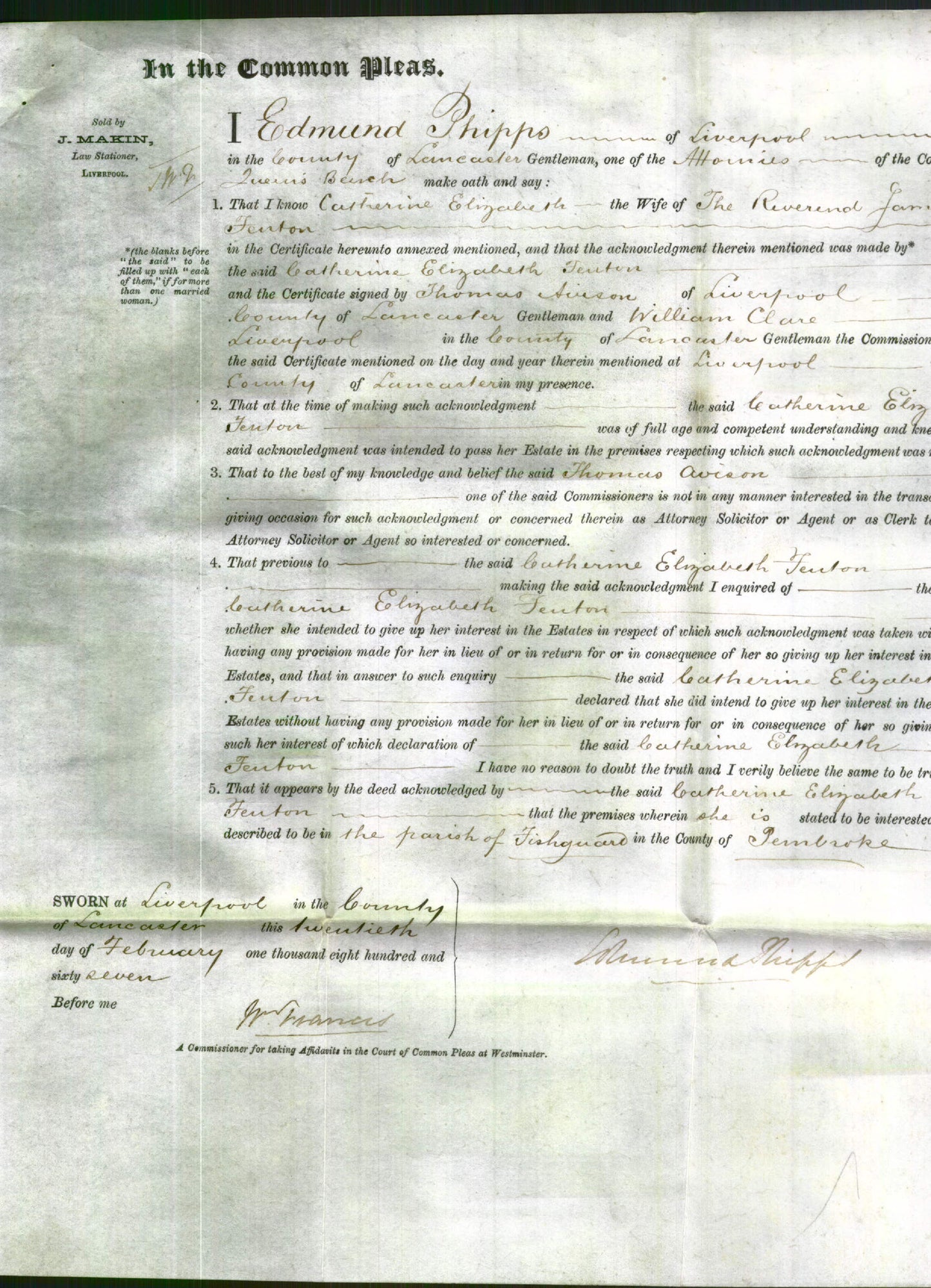 Court of Common Pleas - Catherine Elizabeth Fenton-Original Ancestry