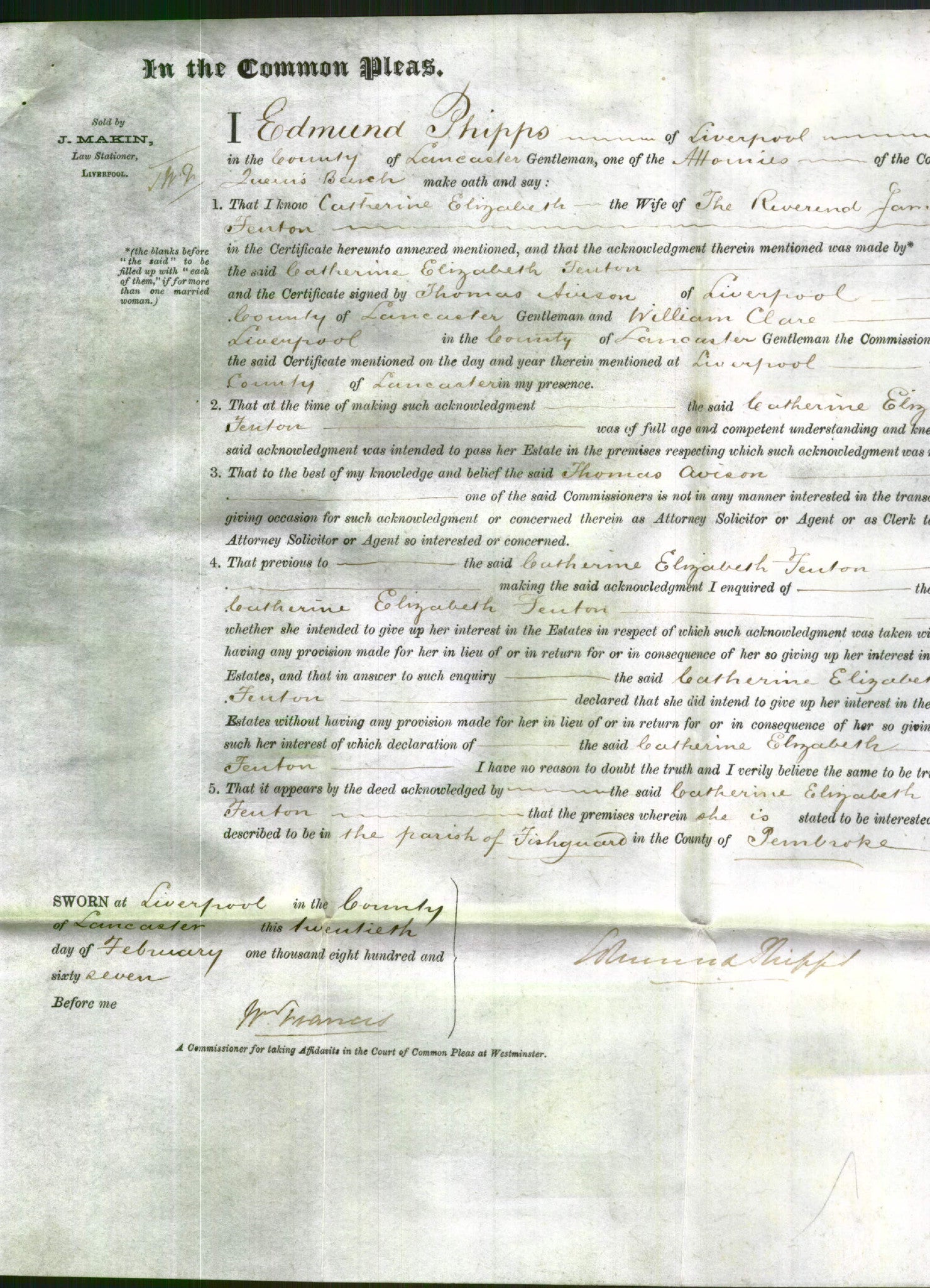 Court of Common Pleas - Catherine Elizabeth Fenton-Original Ancestry