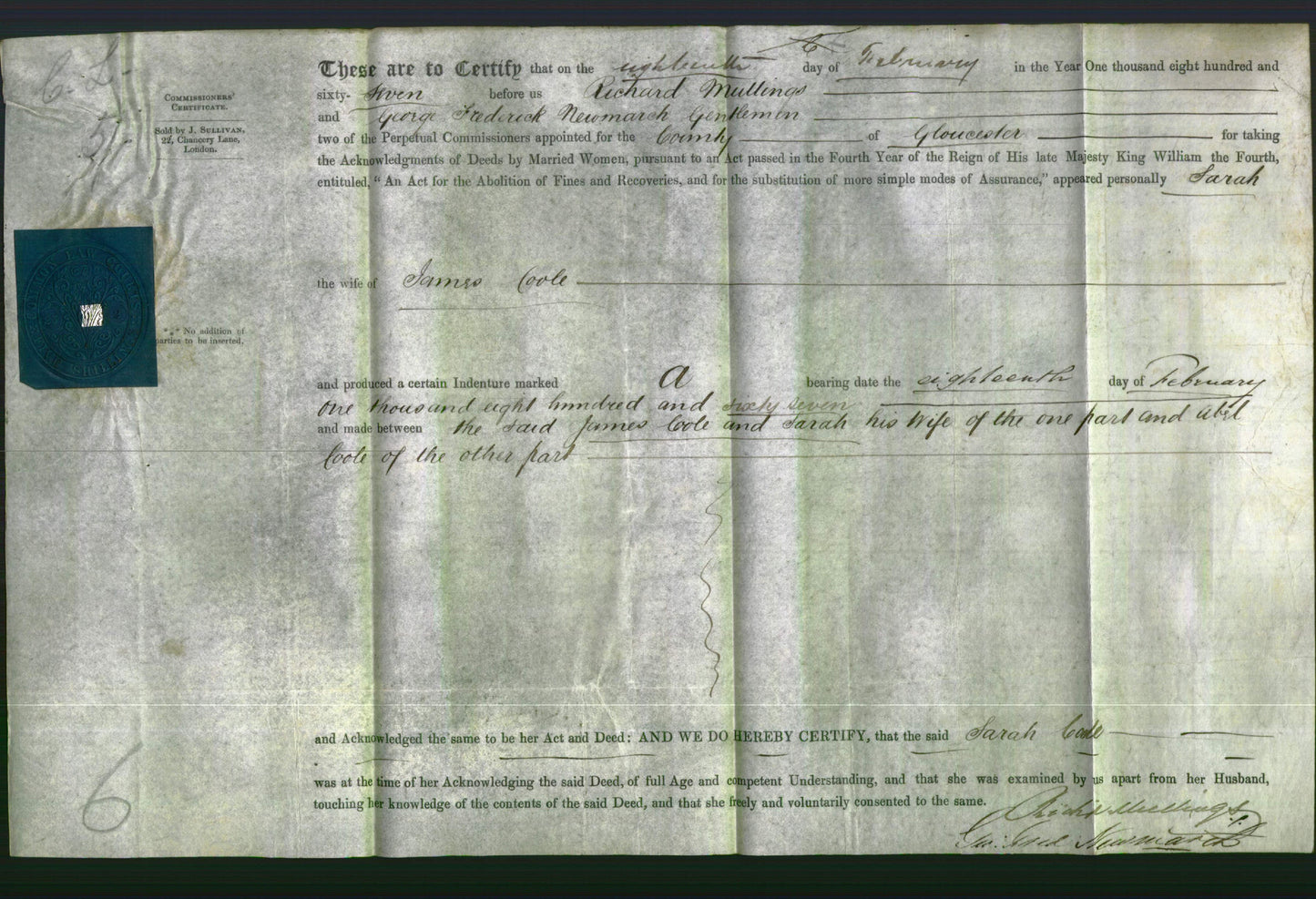 Deed by Married Women - Sarah Coole-Original Ancestry