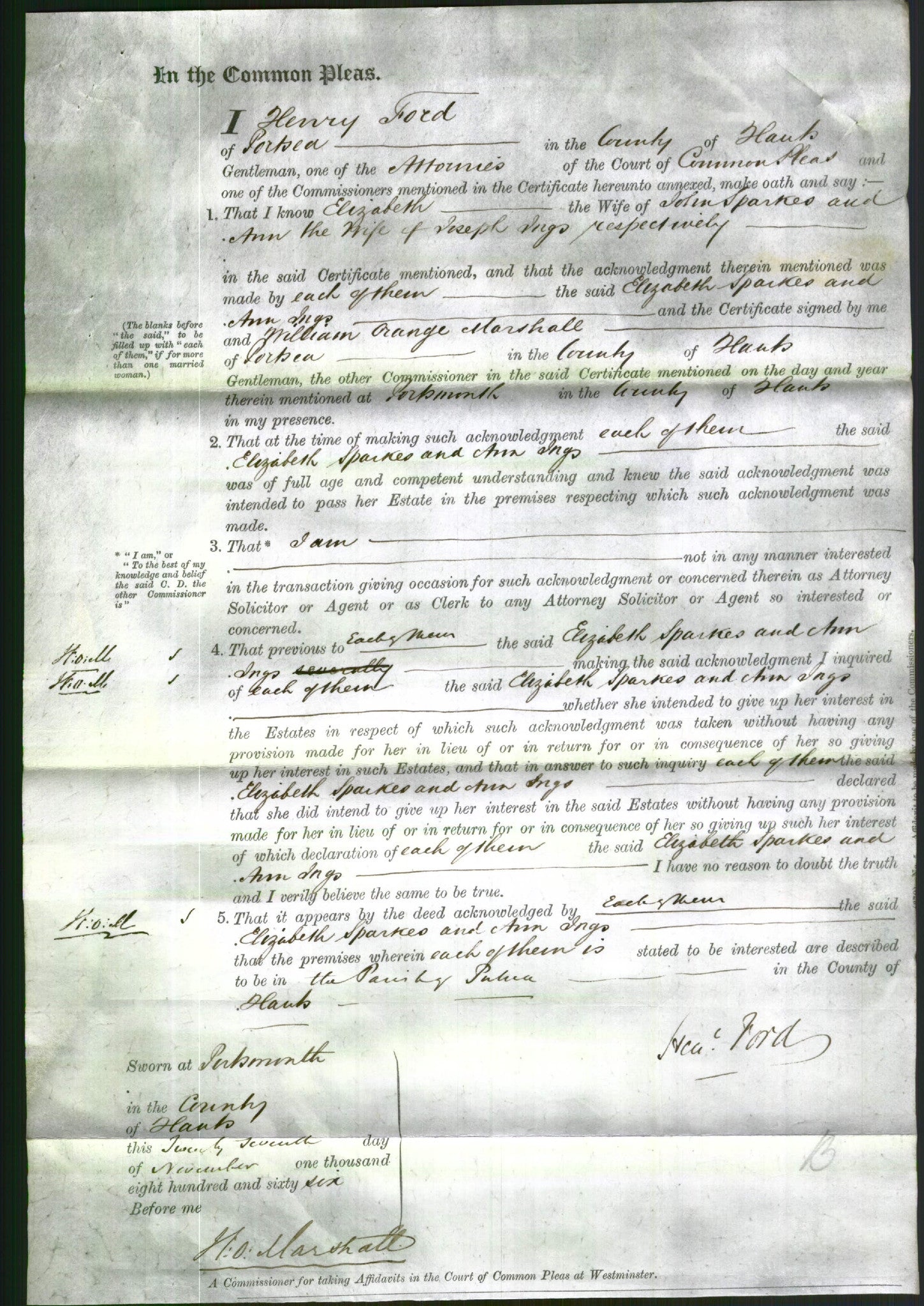 Court of Common Pleas - Elizabeth Sparkes and Ann Ings-Original Ancestry