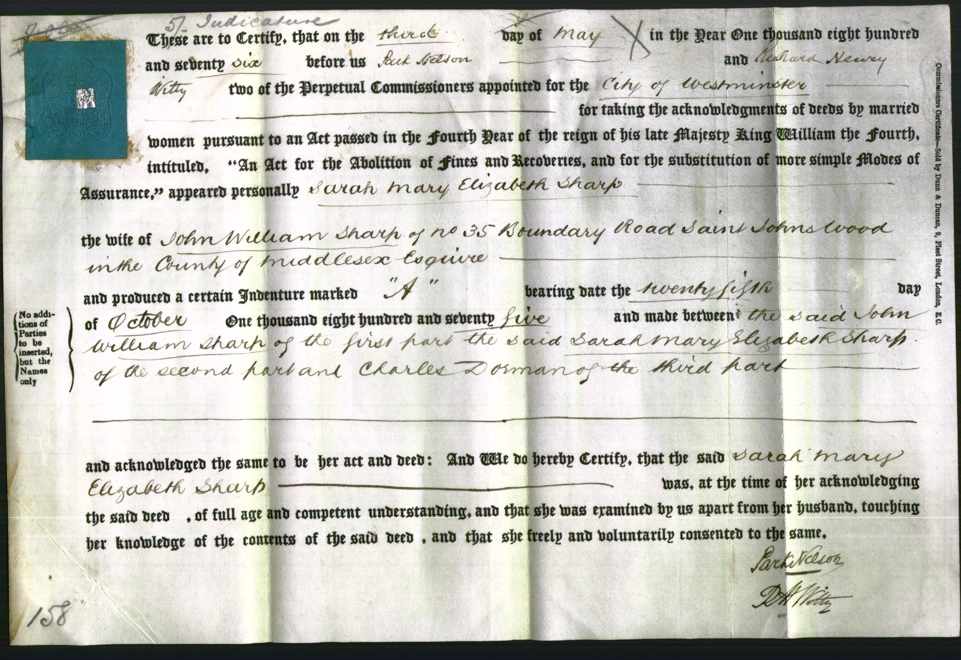 Deed by Married Women - Sarah Mary Elizabeth Sharp-Original Ancestry