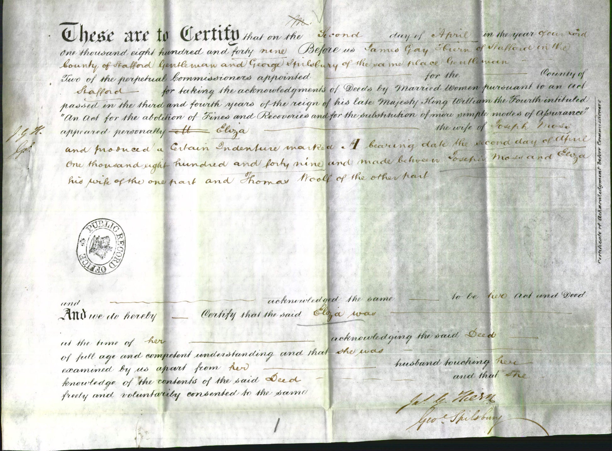 Deed by Married Women - Eliza Moss-Original Ancestry