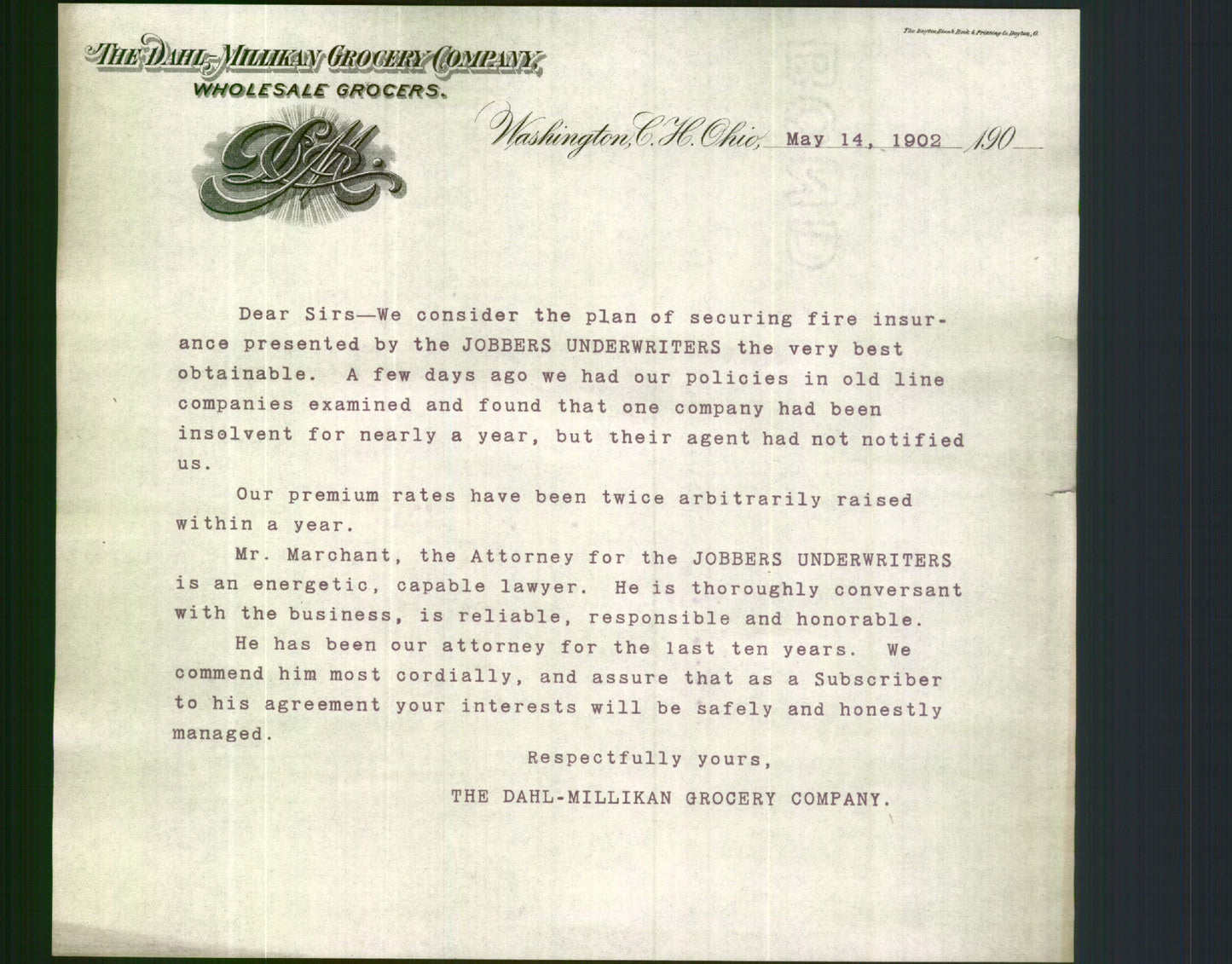 Letterhead - The Dahl - Millikan Grocery Company